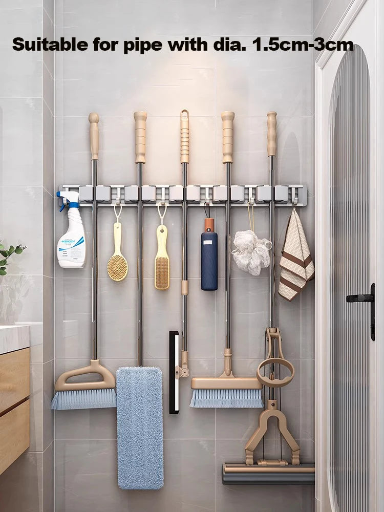 Mop and Broom Organizer Mop Holder Rack Mop Holder Wall Mounted Strong Broom Mop Holder Self With 5 Hooks Organizers Hang Broom