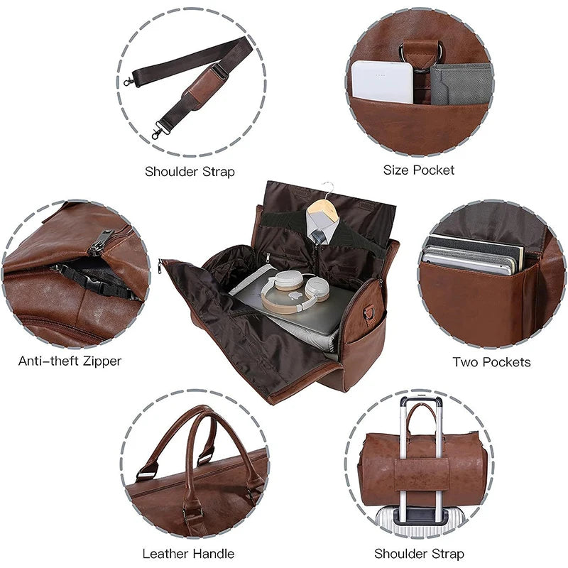 2024 New Leather Foldable Duffle Bag Suit Travel Bag Waterproof Vintage Suit Storage Bag Multi Portable Shoe Pouch for Men Women