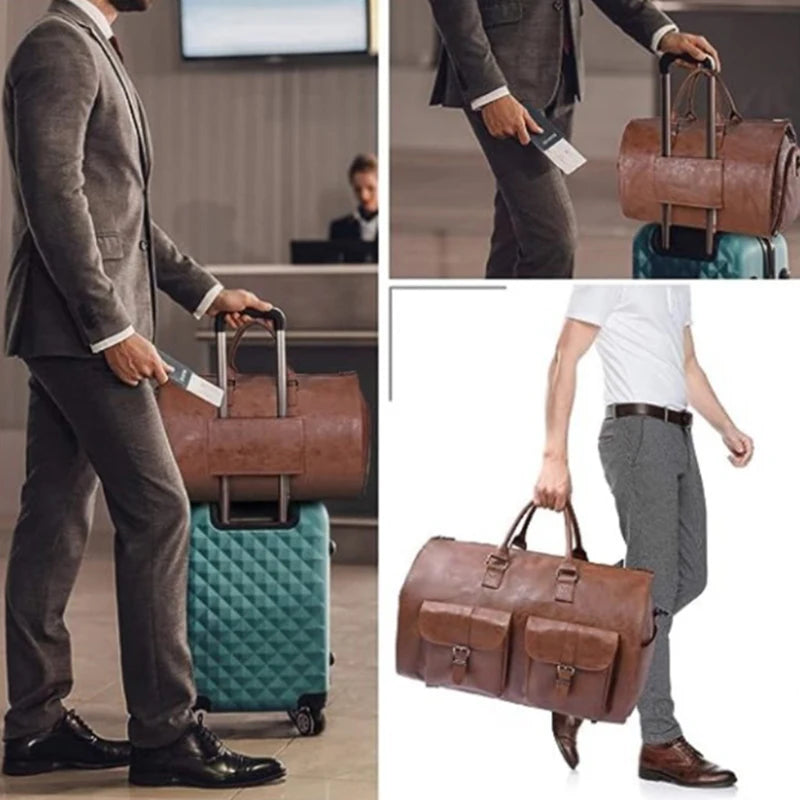 2024 New Leather Foldable Duffle Bag Suit Travel Bag Waterproof Vintage Suit Storage Bag Multi Portable Shoe Pouch for Men Women