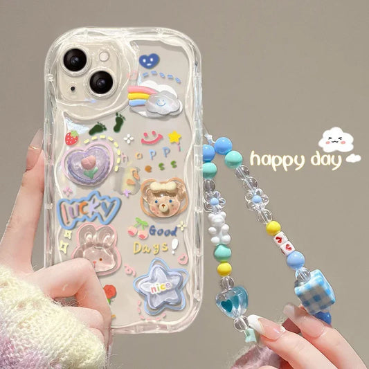 Korean 3D Bear Hang Phone Chain Lanyard Clear Soft Case For iPhone 15 14 Pro Max 11 13 12 Mini XR 6 8 7 Plus X XS SE Cute Cover