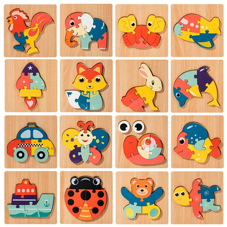 High Quality 3D Wooden Puzzle Baby Cartoon Animal Traffic Jigsaw Early Learning Cognition Game Puzzle Toys for Children