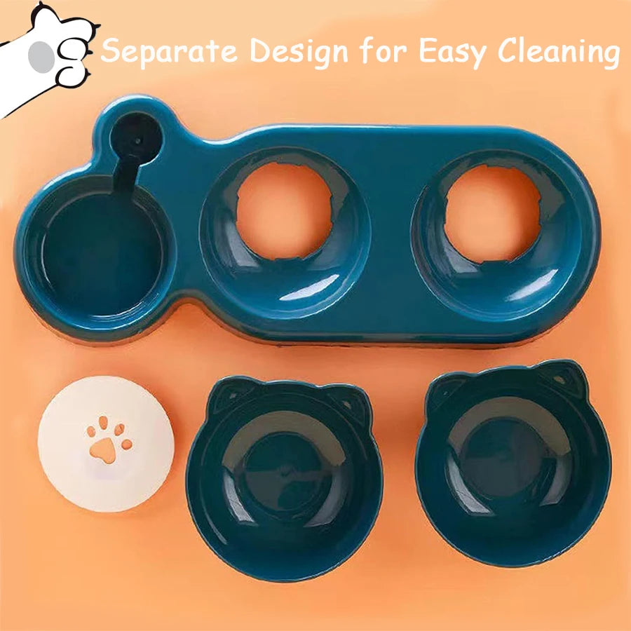 Triple Cat Bowls Pet Feeder, 2-in-1 Double Bowls with Automatic Drinking Bottle, Tilted and Rotatable Design for Cats and Dogs